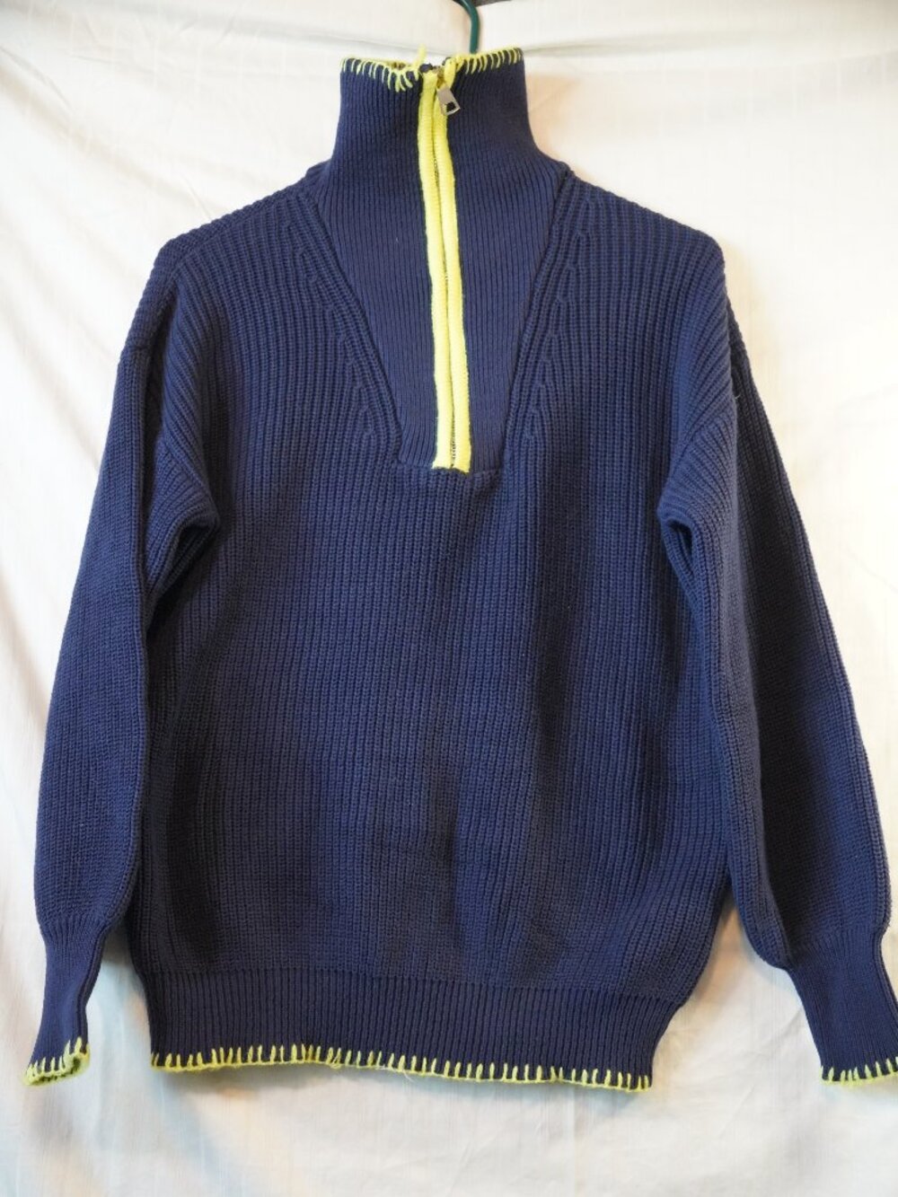 FRNCH Paris Niagara Ribbed Sweater NWT L Navy Blue Neon Chartreuse Quarter Zip